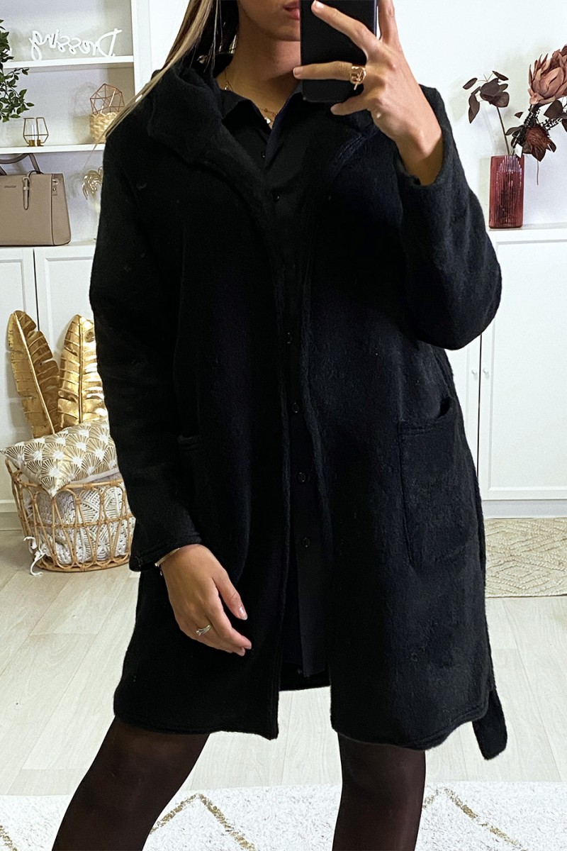 Veste dufteux en noir avec poches ceinture et capuche