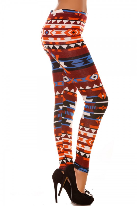 Leggings en acrylique coloré orange, bordeaux, bleu et motifs aztèque. Leggings pas cher 113-2