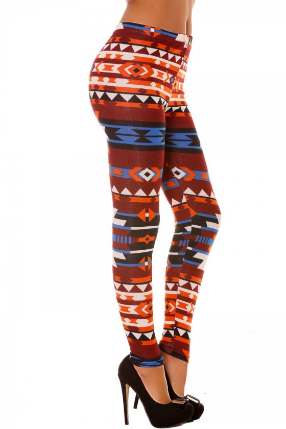 Leggings en acrylique coloré orange, bordeaux, bleu et motifs aztèque. Leggings pas cher 113-2