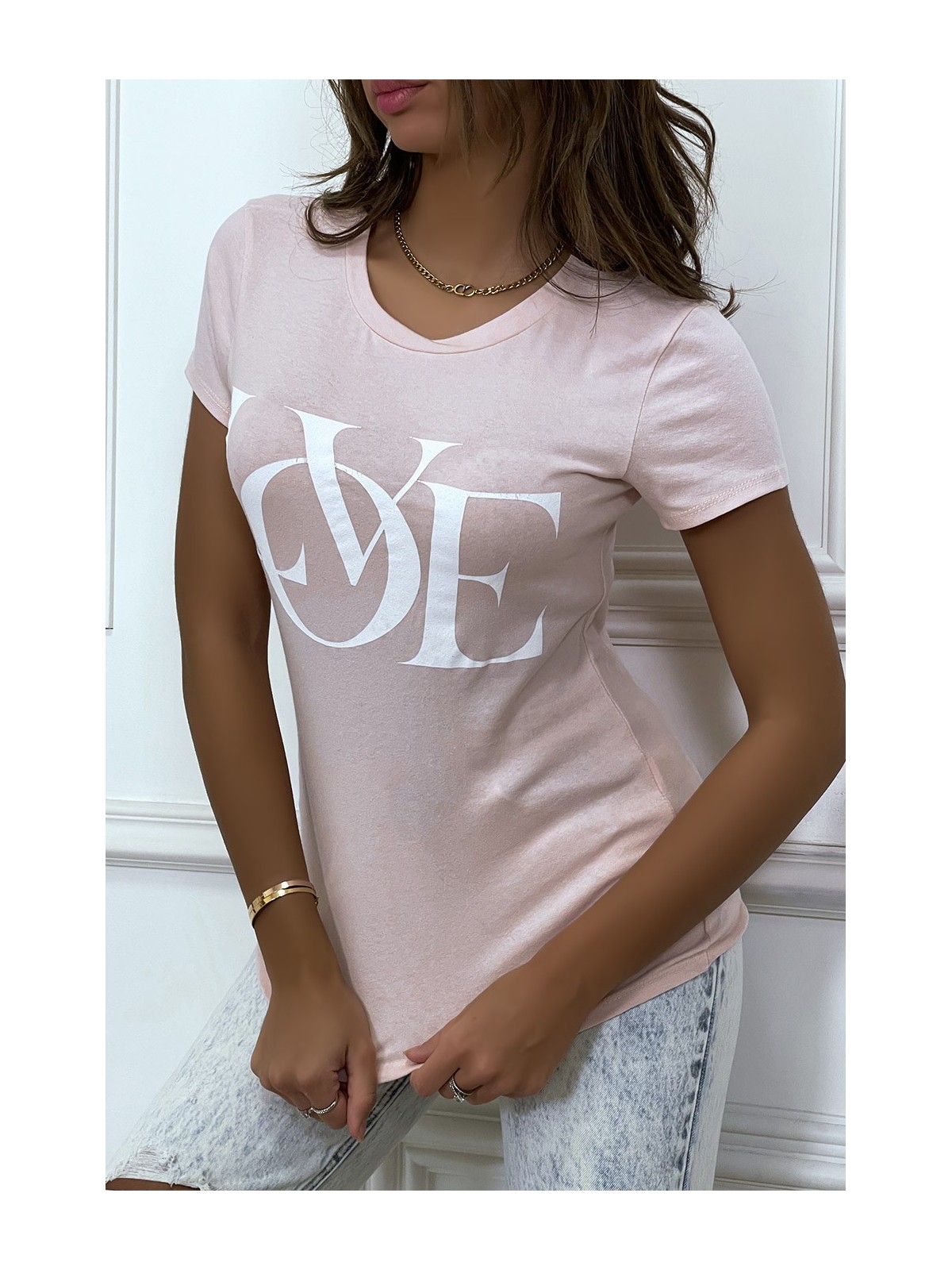 T-shirt basique rose près du corps inscription "Love"