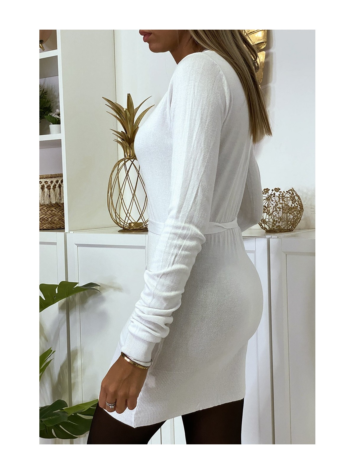 Long gilet blanc en maille tricot très doux et extensible
