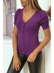 Gilet en maille tricot violet manche bouffante très doux et extensible