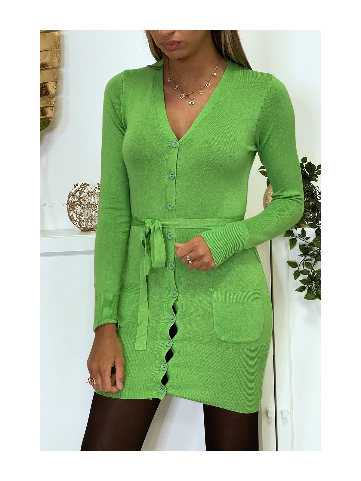 Long gilet vert en maille tricot très doux et extensible