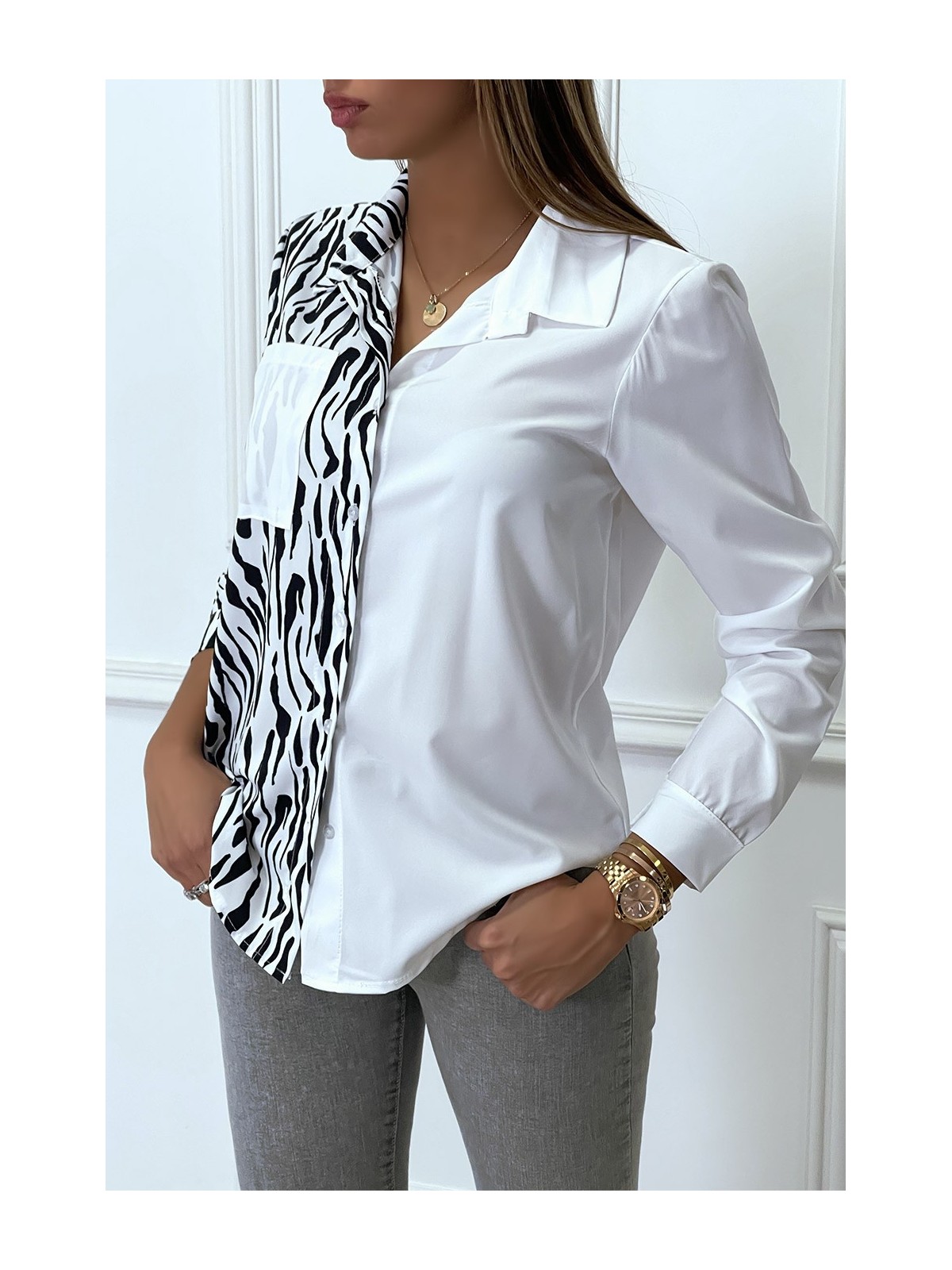 Chemise bicolor à carreaux blanc et noir zebré