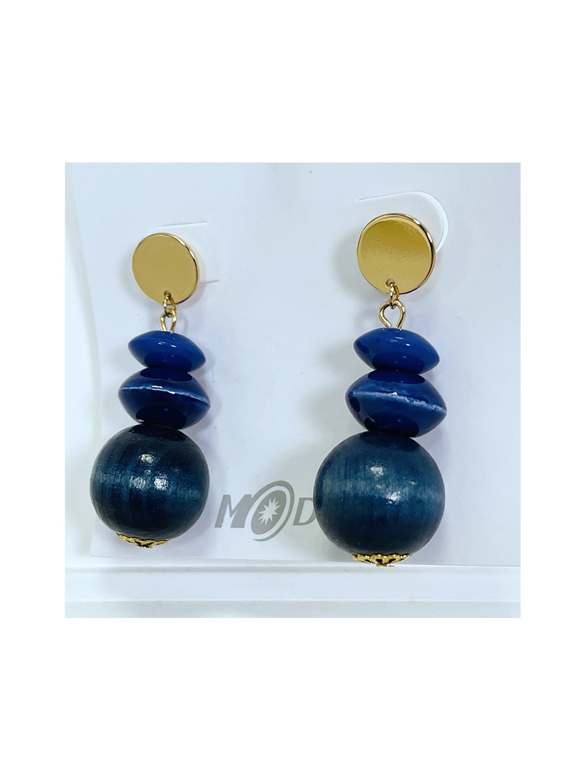 Boucles d'oreilles dorées et bleues en perles de bois
