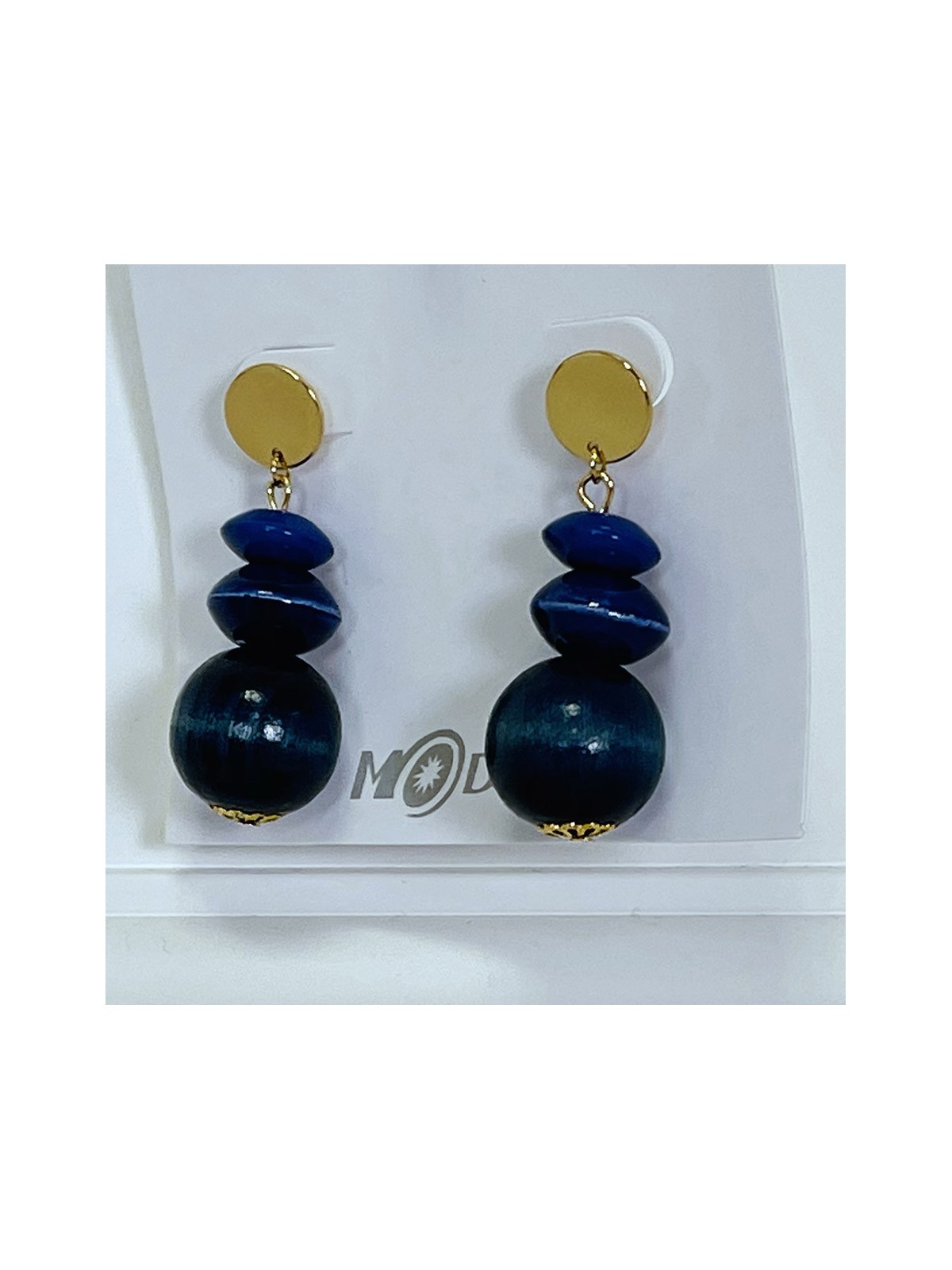 Boucles d'oreilles dorées et bleues en perles de bois
