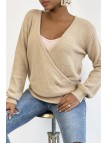 Pull cache coeur taupe duveteux et over size