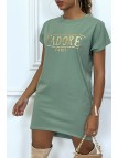 Robe T-shirt courte asymétrique vert d'eau avec écriture doré "J'adore" et poches