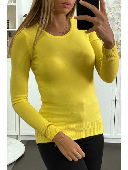 Pull jaune col rond en maille tricot très extensible et très doux