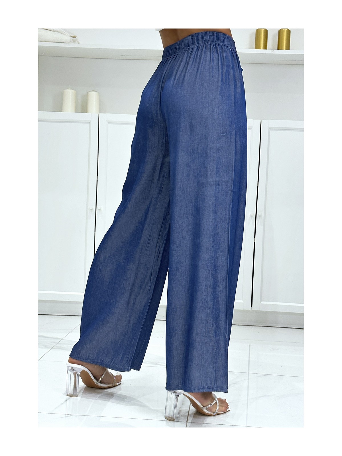 Pantalon palazzo couleur jeans bleu marine - 1