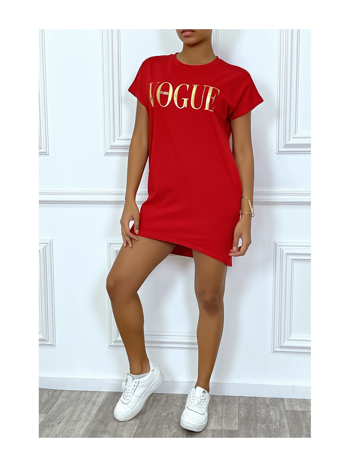 Robe T-shirt "Vogue" rouge à poches - 1