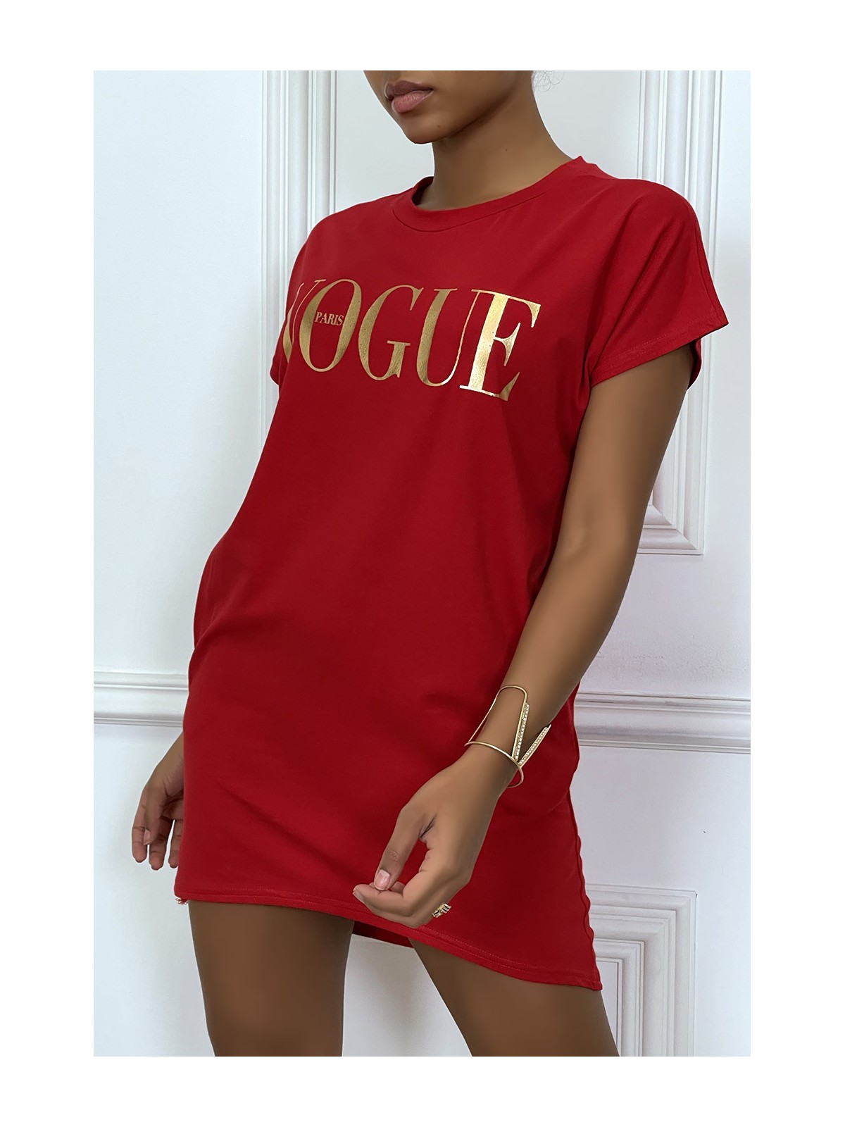 Robe T-shirt "Vogue" rouge à poches - 2