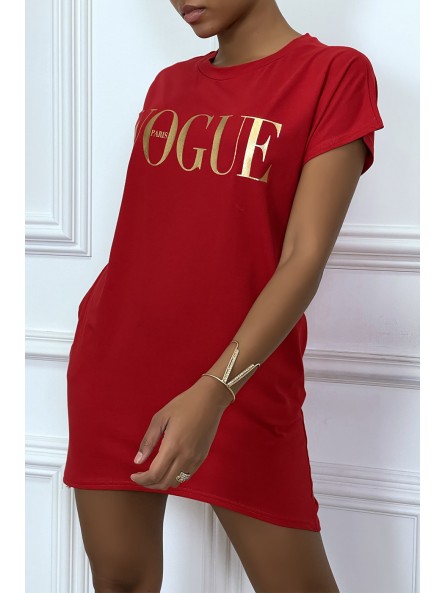 Robe T-shirt "Vogue" rouge à poches - 5