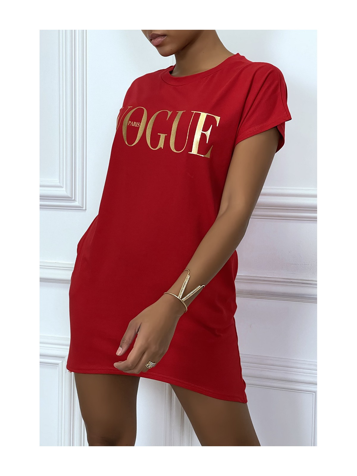 Robe T-shirt "Vogue" rouge à poches - 5