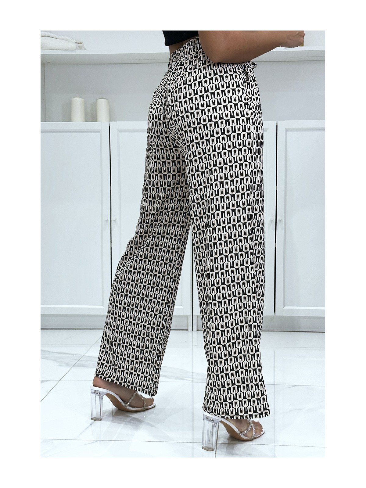 Pantalon palazzo joli motif beige avec poches - 1
