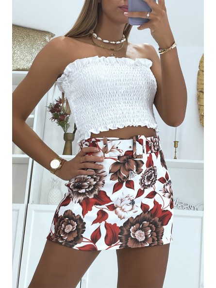 Jupe short blanche et rouge courte fleurie à ceinture hyper tendance et glamour - 2
