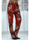 Pantalon fluide rouge à motif floral B-36 - 4