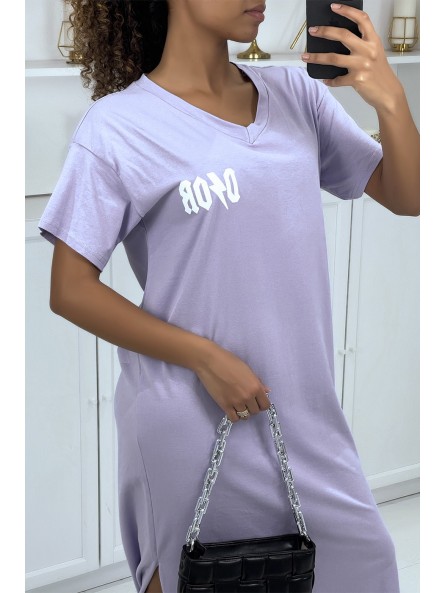 Robe T-shirt très longue col V lila avec écriture inspiration luxe - 2