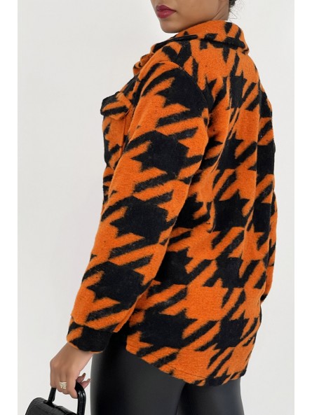 Veste surchemise bicolore orange et noire à carreaux mi-longue avec fermeture à boutons et col à revers - 3