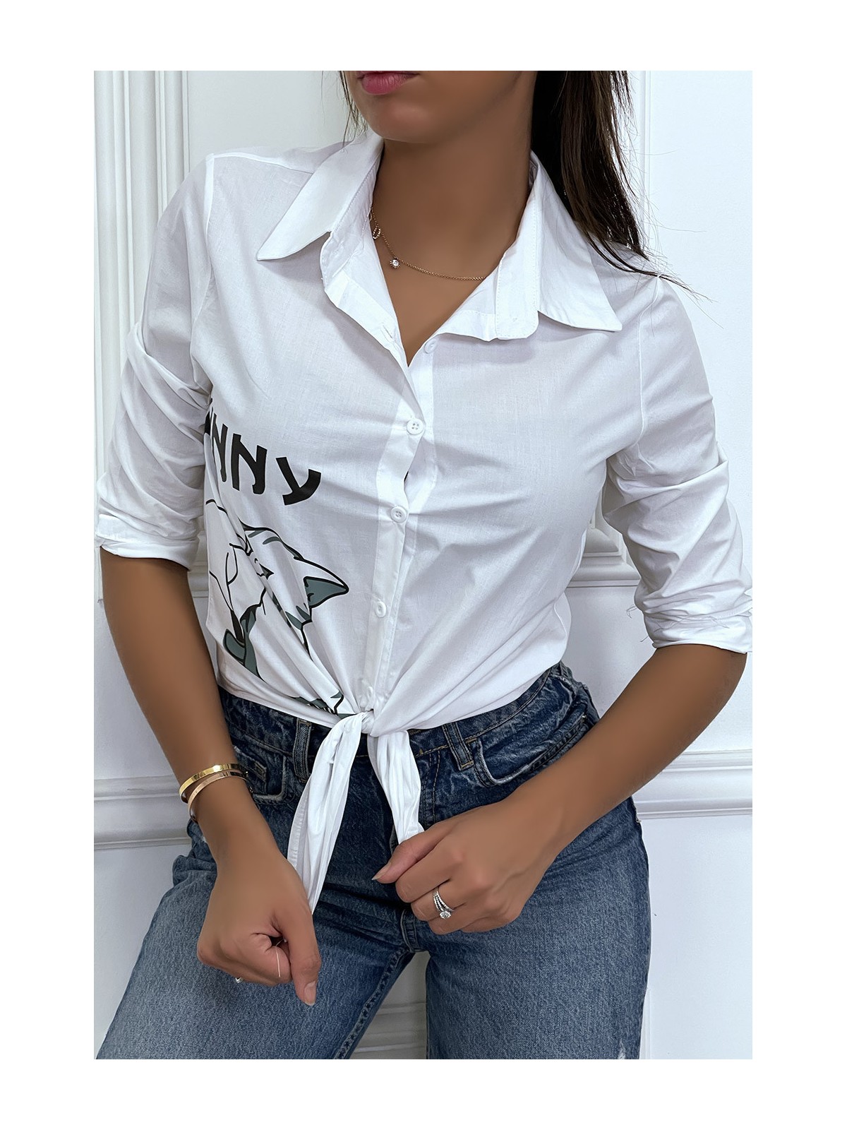 Chemise blanche manches longues avec dessin et inscripstion - 5