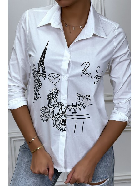 Chemise blanche cintrée avec illustration Paris - 2