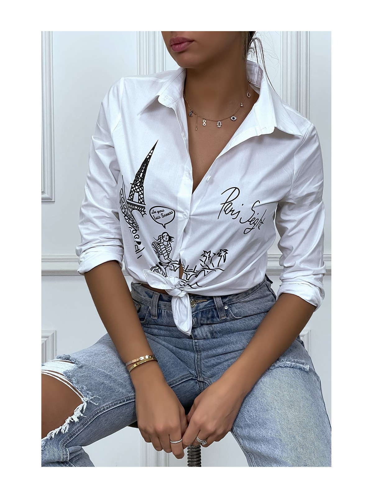 Chemise blanche cintrée avec illustration Paris - 3