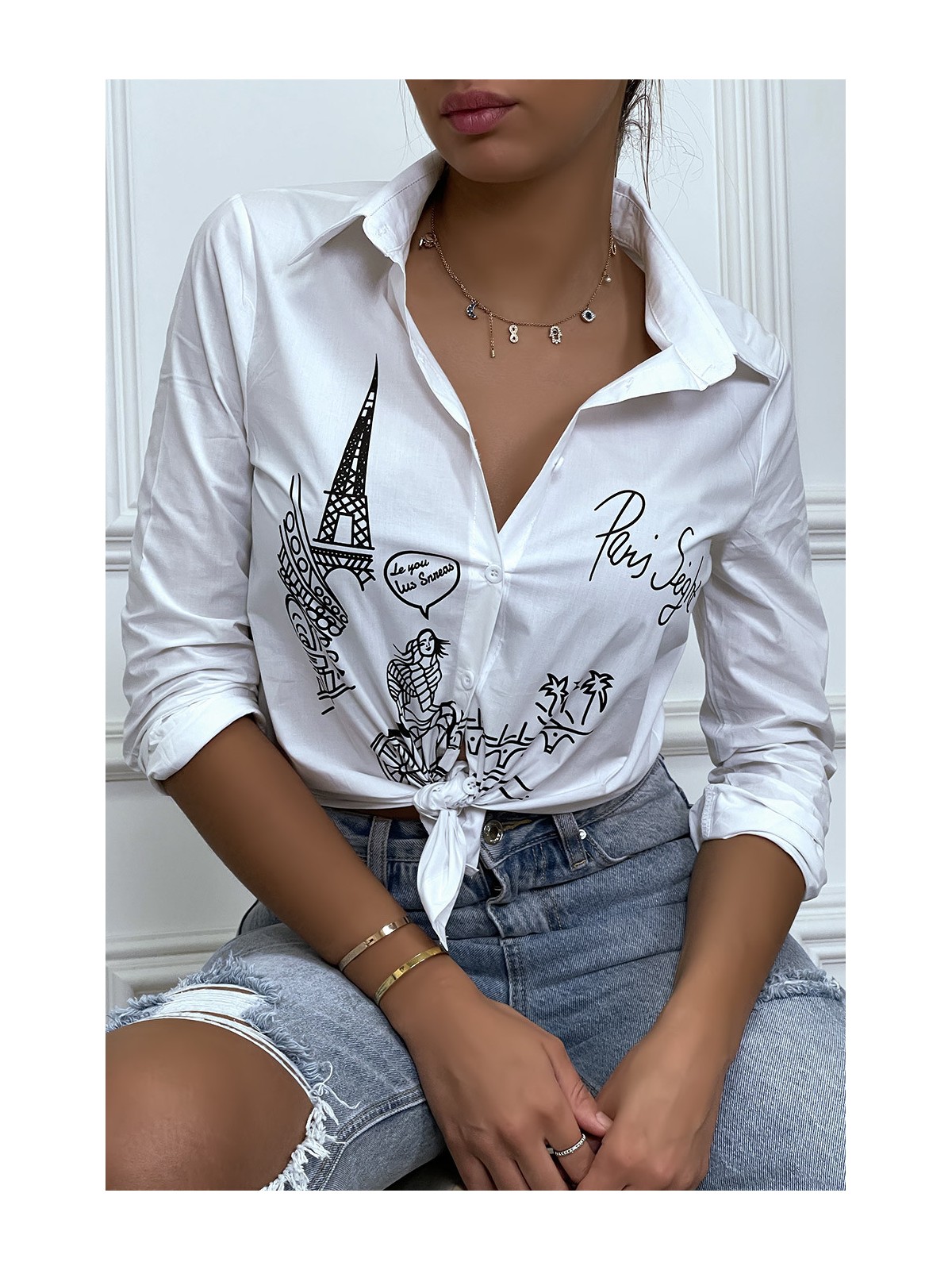 Chemise blanche cintrée avec illustration Paris - 5