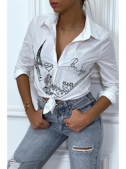 Chemise blanche cintrée avec illustration Paris - 7