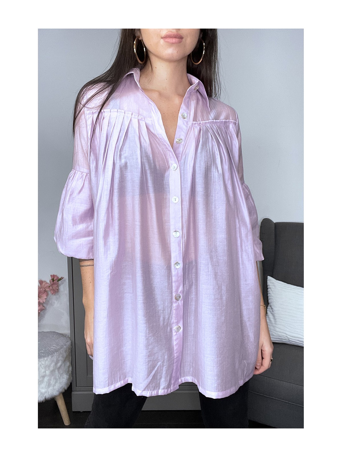 Chemise violet en soie à manches bouffantes - 2