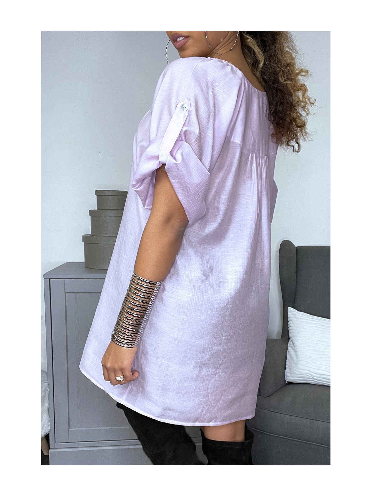 Robe tunique en soie ample satinée violette - 3
