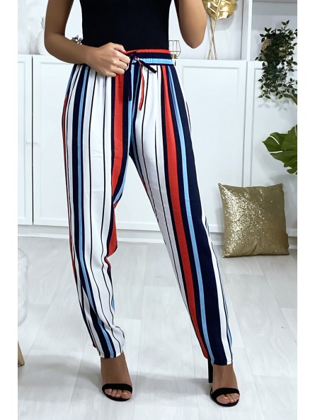 Pantalon rayé en coton bleu rouge blanc avec poches - 6