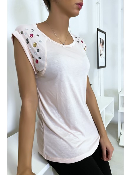 Tee shirt rose avec strass aux épaules - 3