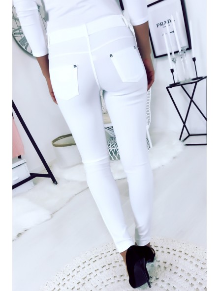 Pantalon slim Blanc, basic avec poche avant et arrière - 1