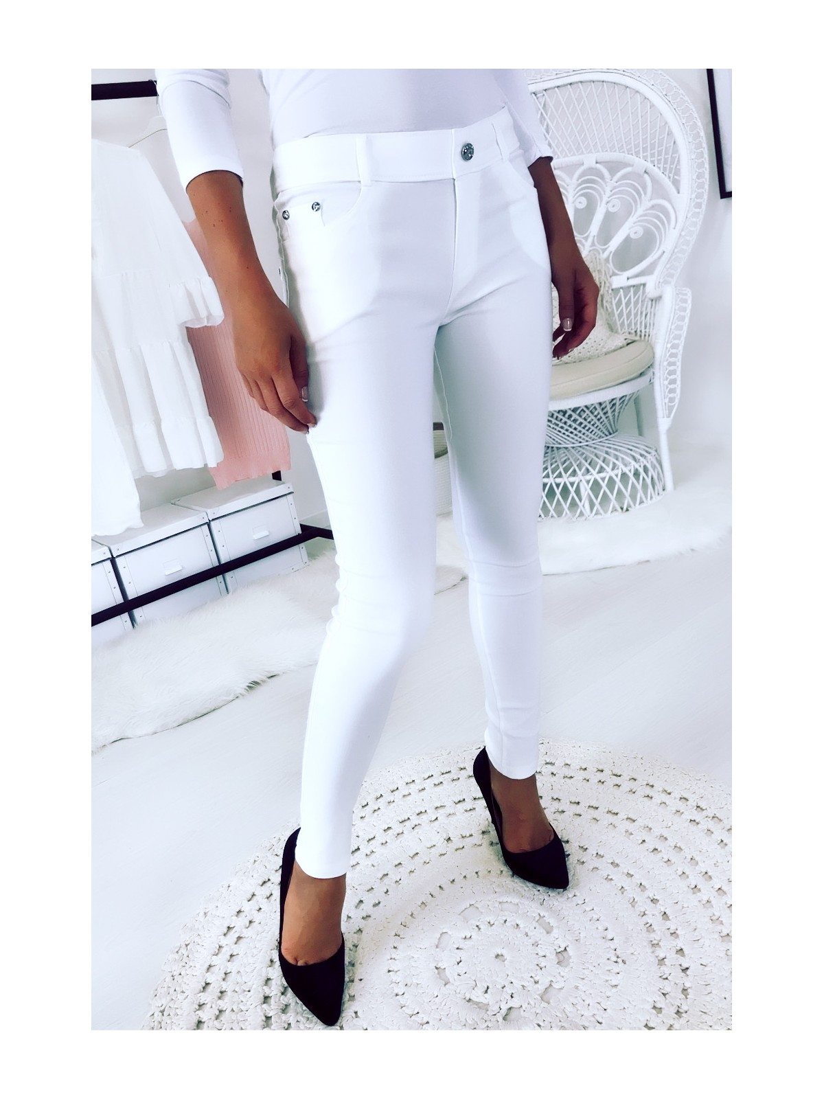 Pantalon slim Blanc, basic avec poche avant et arrière - 3