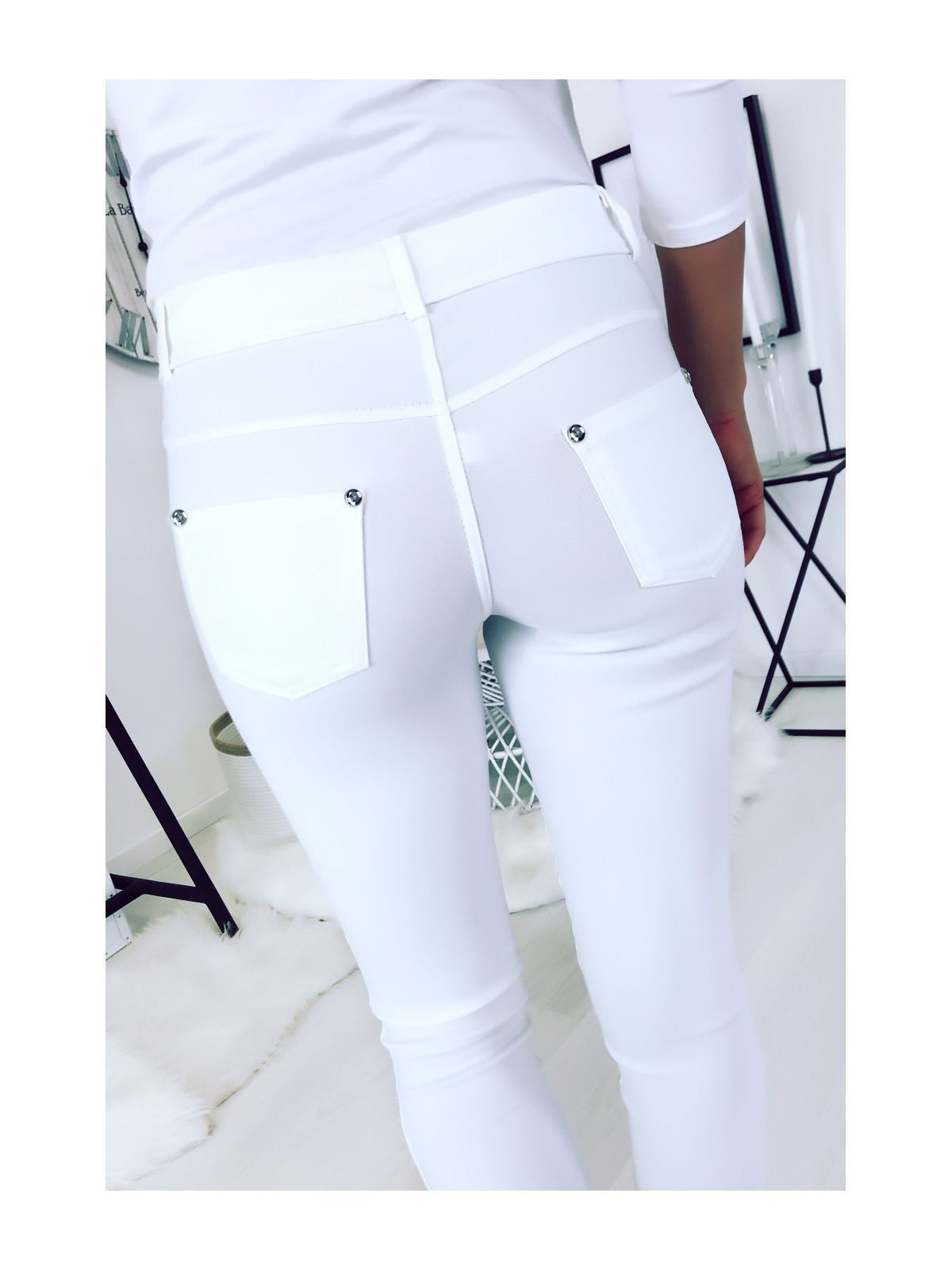 Pantalon slim Blanc, basic avec poche avant et arrière - 5