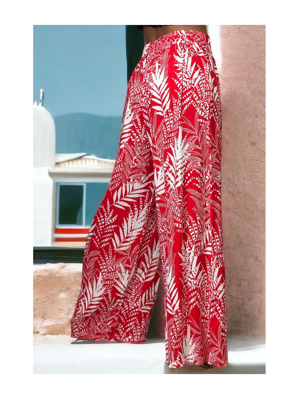 Pantalon palazzo rouge imprimé tropical - 1