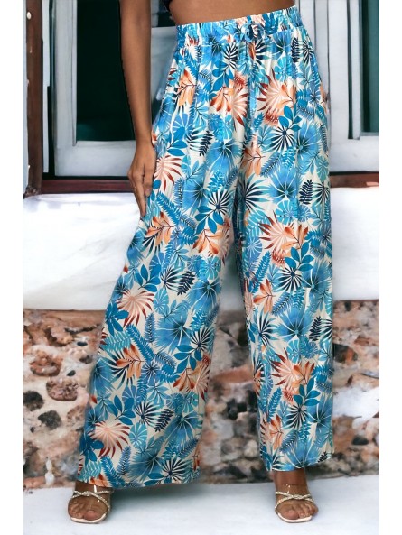Pantalon palazzo turquoise imprimé tropical - 3