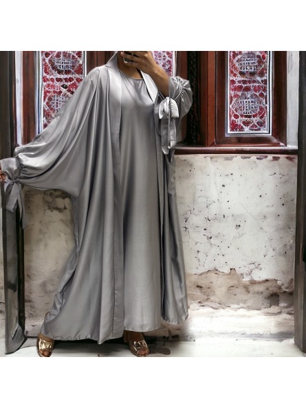 Gilet et robe Rayhana très ample satiné gris argenté - 5