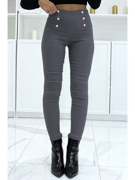 Pantalon slim gris extensible à taille haute et boutons argentés et poches - 2