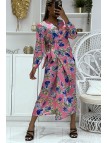 Jolie robe portefeuille rose fuchsia croisée à la taille et col V à imprimé hyper tendance - 1