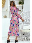 Jolie robe portefeuille rose fuchsia croisée à la taille et col V à imprimé hyper tendance - 2