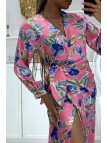 Jolie robe portefeuille rose fuchsia croisée à la taille et col V à imprimé hyper tendance - 3