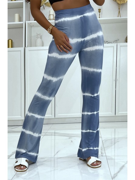 Pantalon moulant bleu patte d'éléphant effet tye and die bicolore élastique à la taille  - 1
