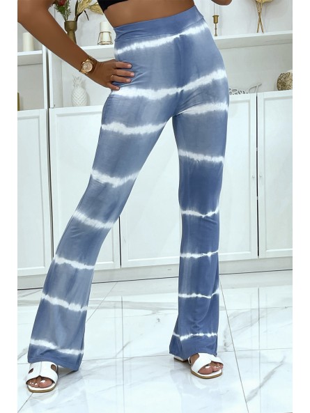 Pantalon moulant bleu patte d'éléphant effet tye and die bicolore élastique à la taille  - 2