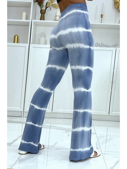Pantalon moulant bleu patte d'éléphant effet tye and die bicolore élastique à la taille  - 3