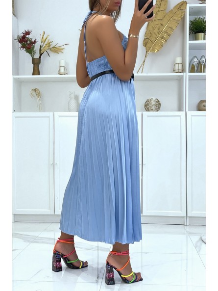 Longue robe plissé turquoise à bretelle avec ceinture - 4