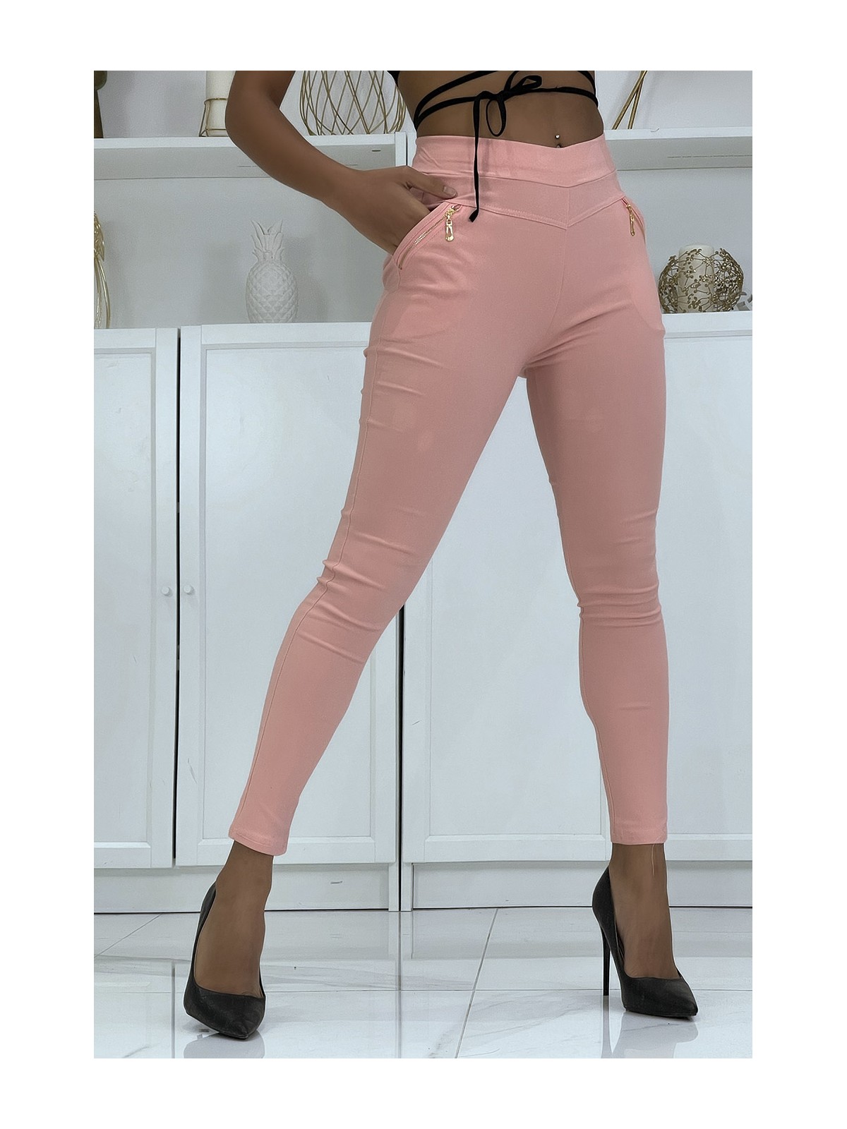 Pantalon slim strech en rose avec zip poches zip - 1