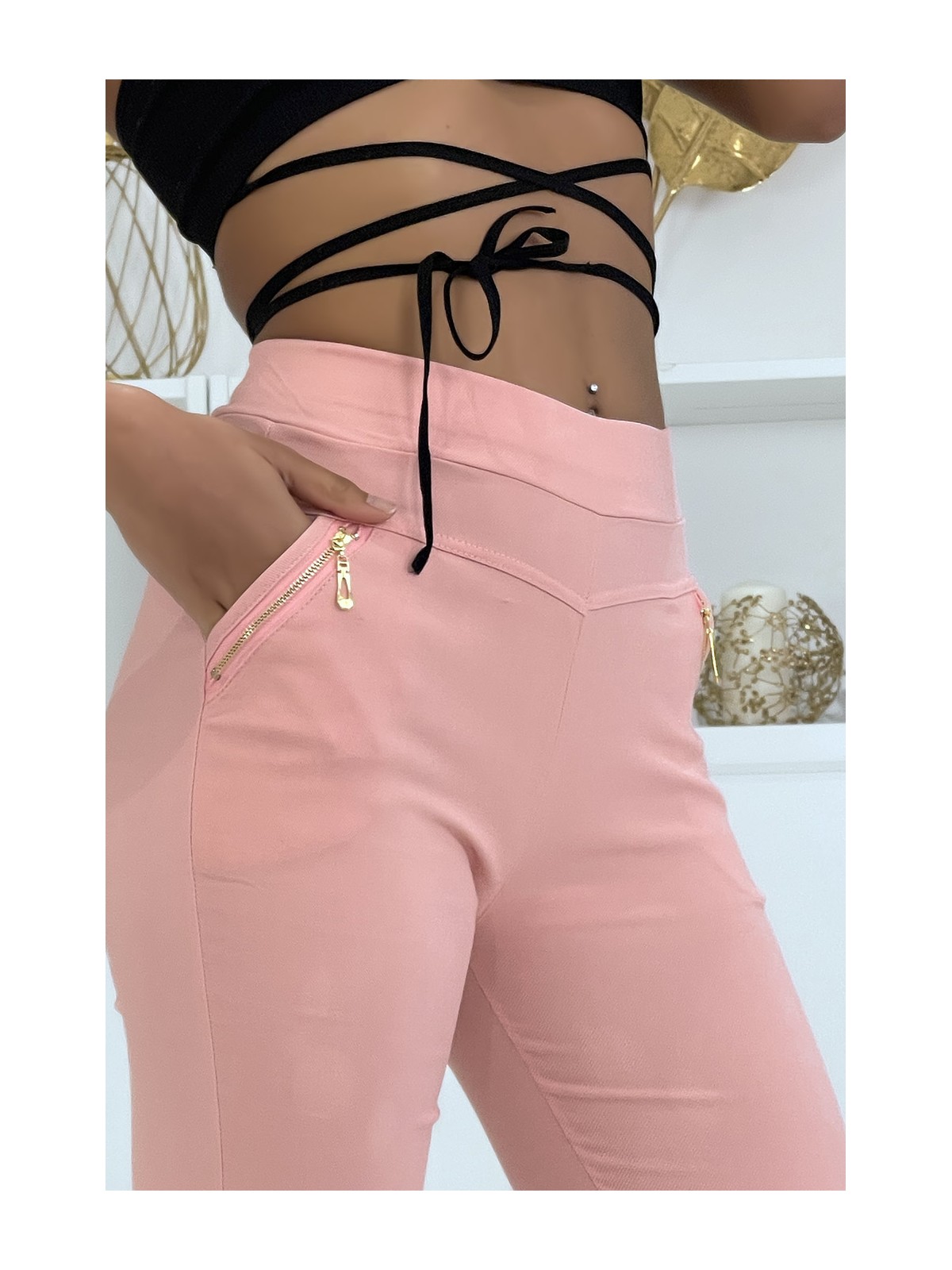 Pantalon slim strech en rose avec zip poches zip - 2