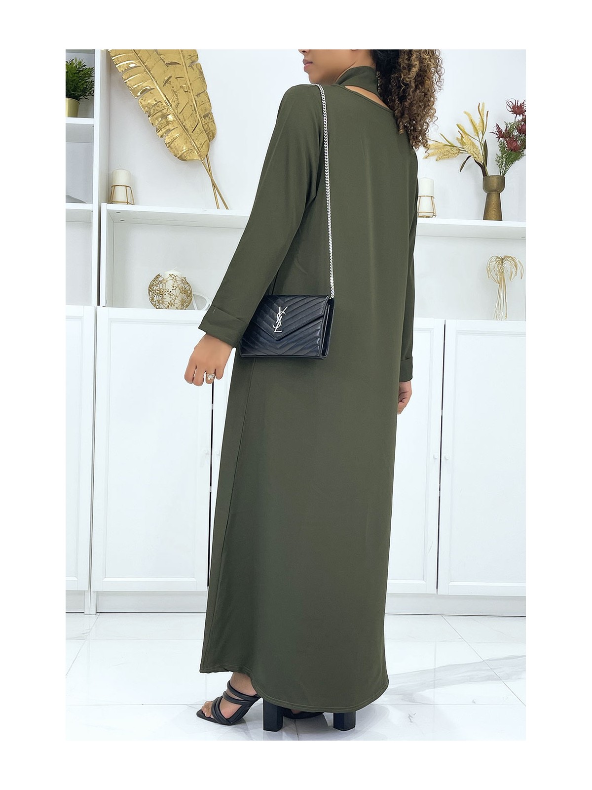 Longue abaya kaki avec poches et ceinture - 2