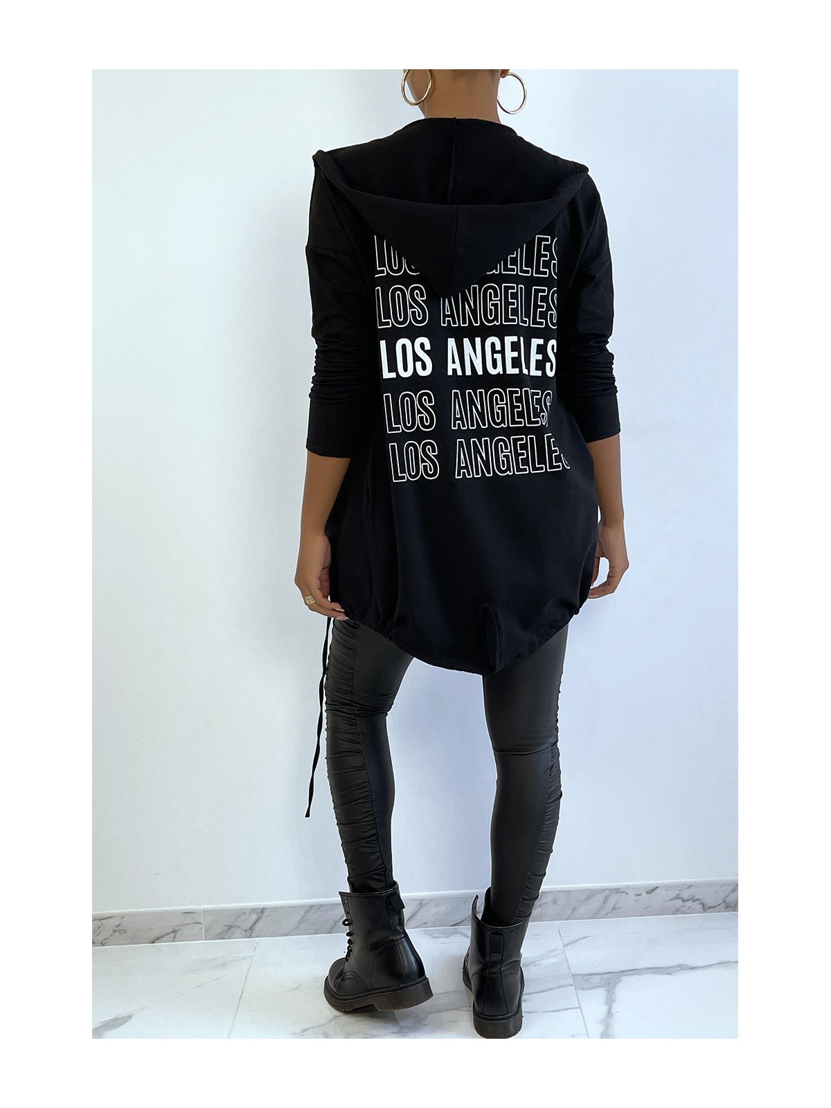 Gilet à capuche noir avec lacet et écriture LOS ANGELES au dos - 5